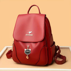 Red Flap Backpack With Kitten Pendant - Double Shoulder Bag
