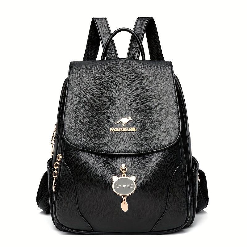 Red Flap Backpack With Kitten Pendant - Double Shoulder Bag