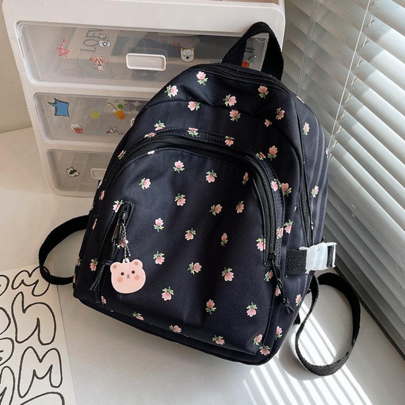 Floral Backpack With Bear Pendant for Women's Daily Use