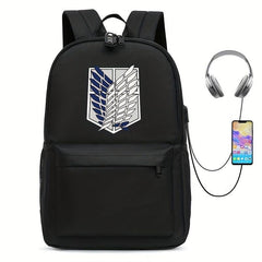 Printed Backpack USB Charging Port Earphone Jack Large Capacity Schoolbag