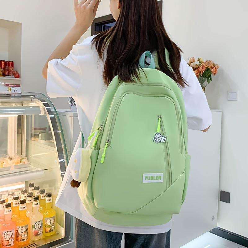 Solid Backpack With Pendant High School Schoolbag Large Capacity