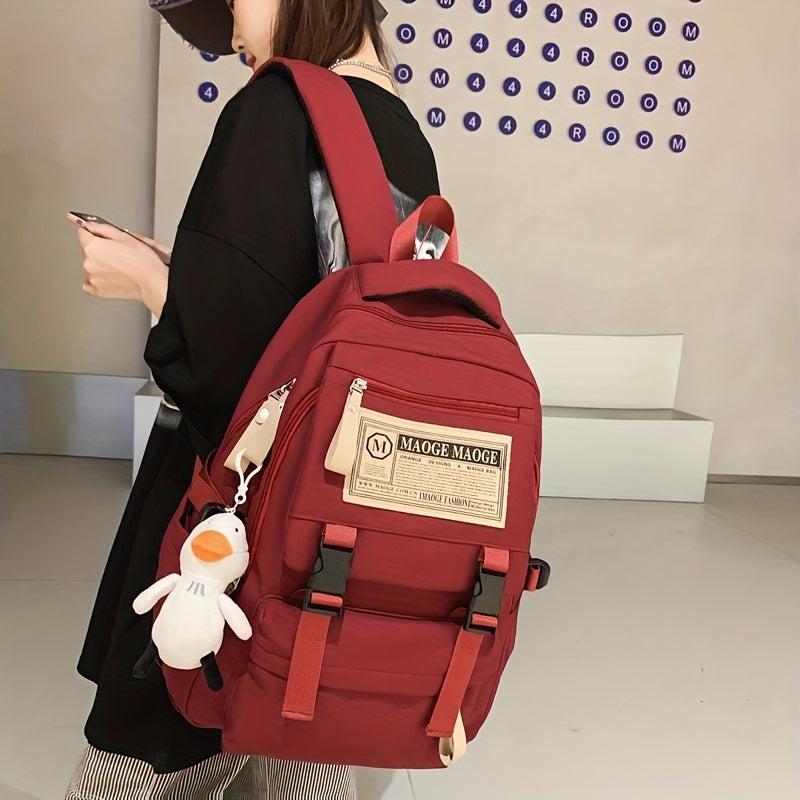Solid Backpack With Duck Pendant For Students Double Shoulder Bag