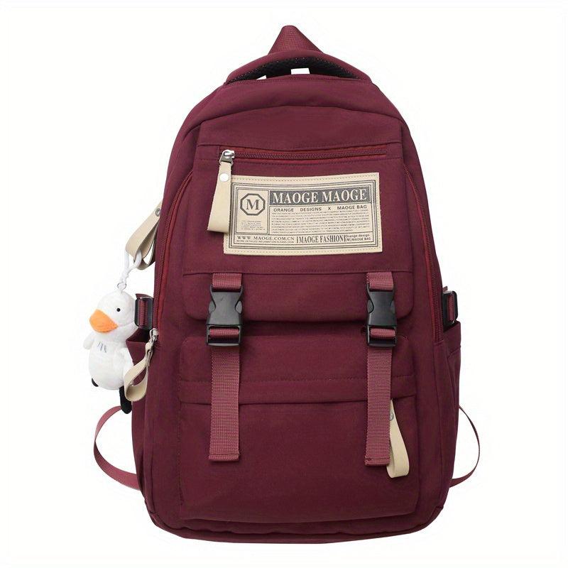 Solid Backpack With Duck Pendant For Students Double Shoulder Bag