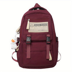 Solid Backpack With Duck Pendant For Students Double Shoulder Bag