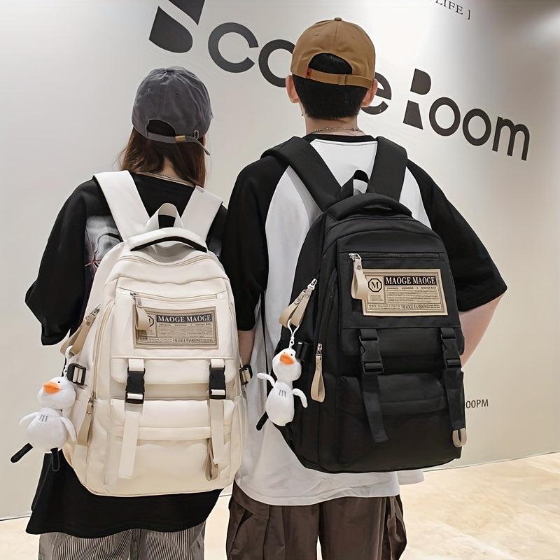 Solid Backpack With Duck Pendant For Students Double Shoulder Bag