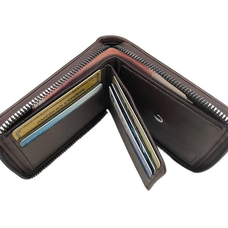 Men's Zipper Card Holder Short Wallet Leather Large Capacity Vintage