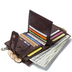 Men's Vintage Leather Short Wallet with Zipper Snap Button