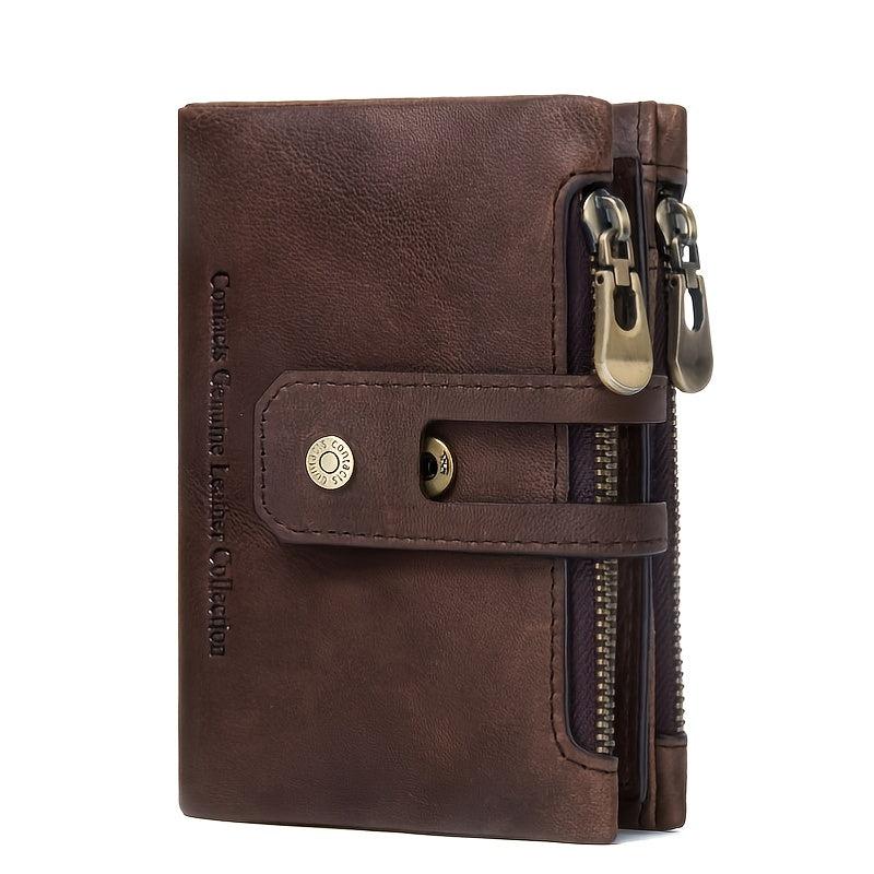 Men's Vintage Leather Short Wallet with Zipper Snap Button