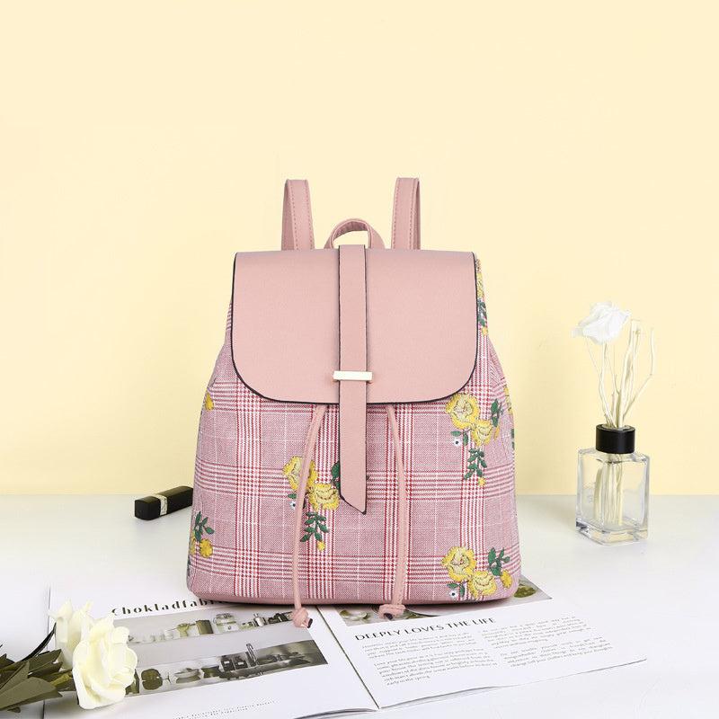 PU Leather Plaid Flower Flap Backpack Large Capacity Casual Women's Bag