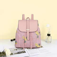 PU Leather Plaid Flower Flap Backpack Large Capacity Casual Women's Bag