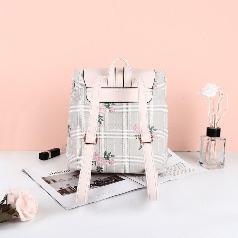 PU Leather Plaid Flower Flap Backpack Large Capacity Casual Women's Bag