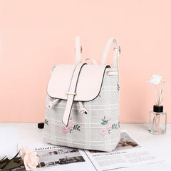 PU Leather Plaid Flower Flap Backpack Large Capacity Casual Women's Bag