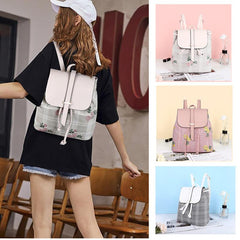 PU Leather Plaid Flower Flap Backpack Large Capacity Casual Women's Bag