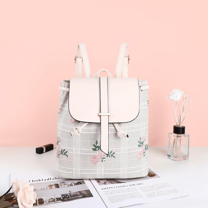 PU Leather Plaid Flower Flap Backpack Large Capacity Casual Women's Bag