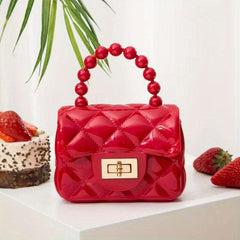 Rhombus Jelly Mini Crossbody Bag with Faux Pearl Portable Handbag