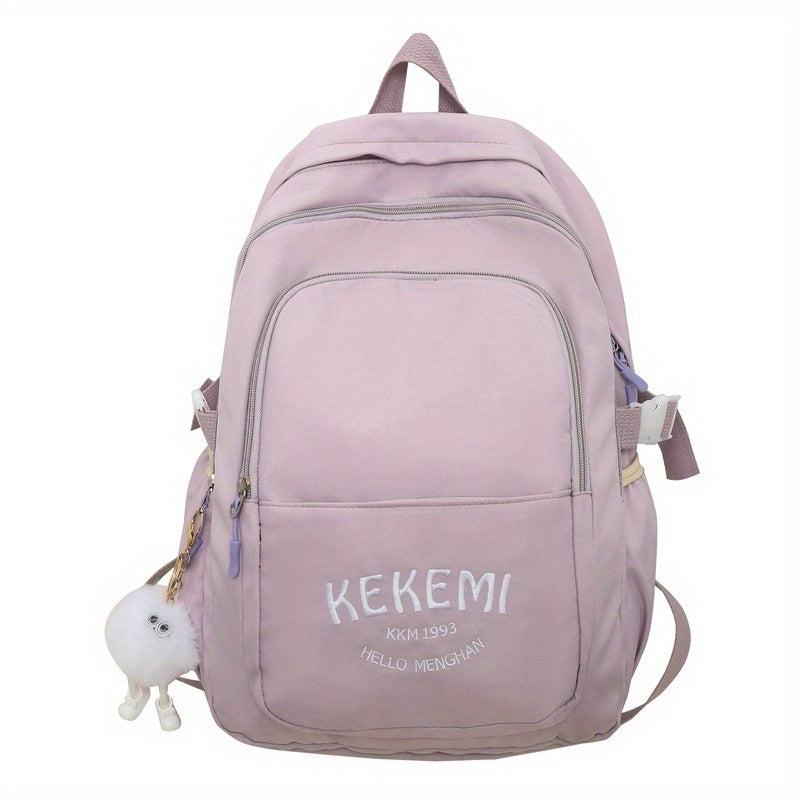 Solid Backpack With Plush Pendant Large Capacity Schoolbag Girls Backpack