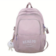 Solid Backpack With Plush Pendant Large Capacity Schoolbag Girls Backpack
