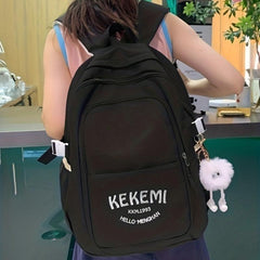 Solid Backpack With Plush Pendant Large Capacity Schoolbag Girls Backpack
