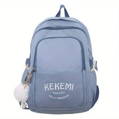 Solid Backpack With Plush Pendant Large Capacity Schoolbag Girls Backpack