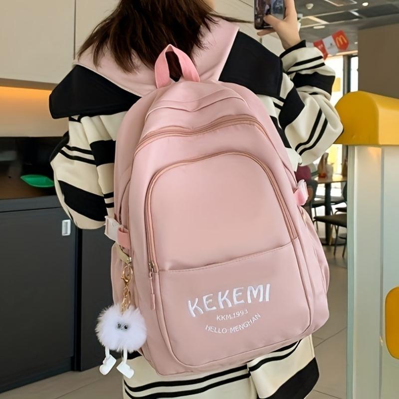 Solid Backpack With Plush Pendant Large Capacity Schoolbag Girls Backpack