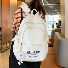 Solid Backpack With Plush Pendant Large Capacity Schoolbag Girls Backpack