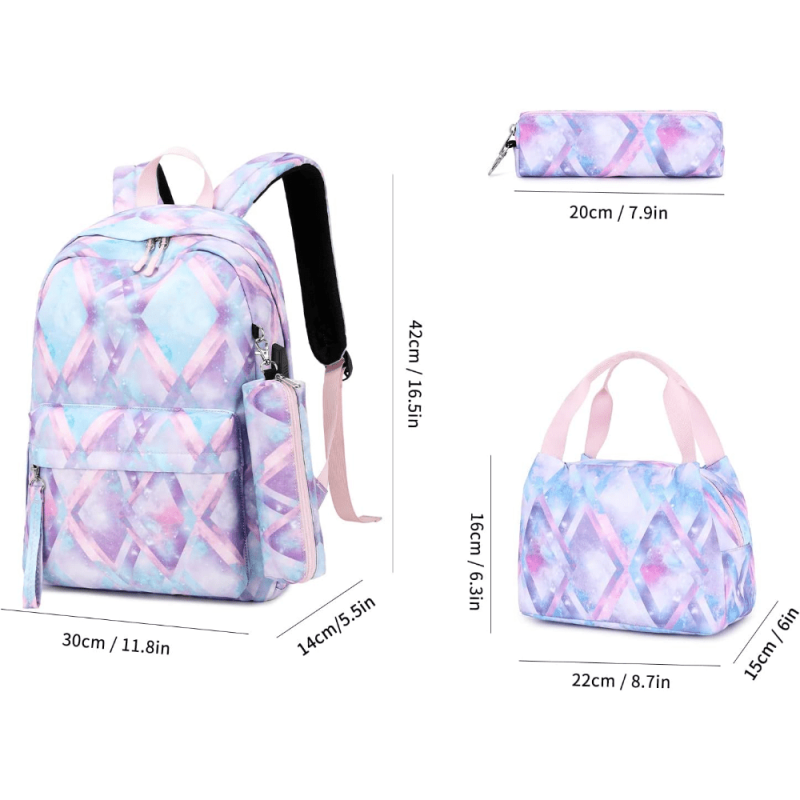 Colorful Printed Backpack, Lunch Bag, Pen Bag Set for Teenagers