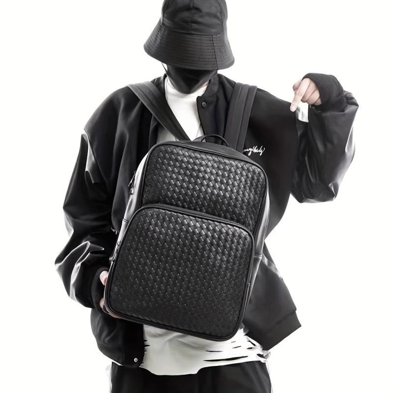 Men's Faux Leather Woven Schoolbag Large Capacity Backpack
