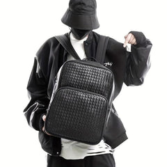 Men's Faux Leather Woven Schoolbag Large Capacity Backpack