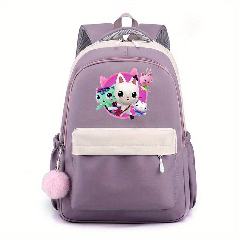Cartoon Pattern Backpack with Plush Ball Large Capacity Student Schoolbag