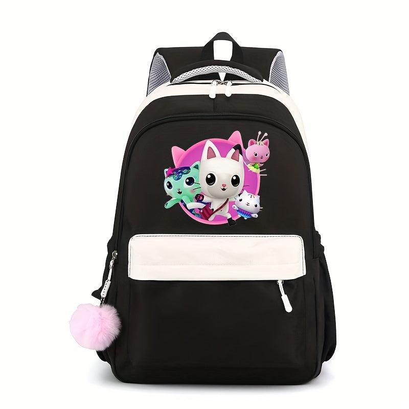 Cartoon Pattern Backpack with Plush Ball Large Capacity Student Schoolbag