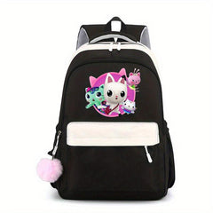 Cartoon Pattern Backpack with Plush Ball Large Capacity Student Schoolbag