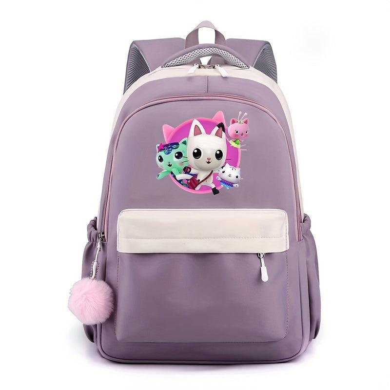 Cartoon Pattern Backpack with Plush Ball Large Capacity Student Schoolbag