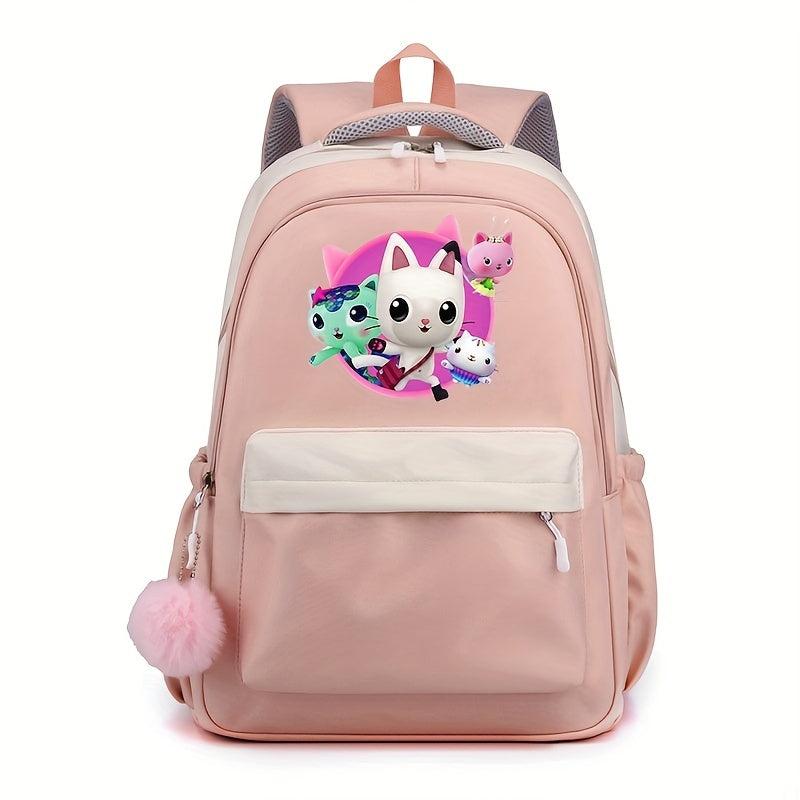 Cartoon Pattern Backpack with Plush Ball Large Capacity Student Schoolbag
