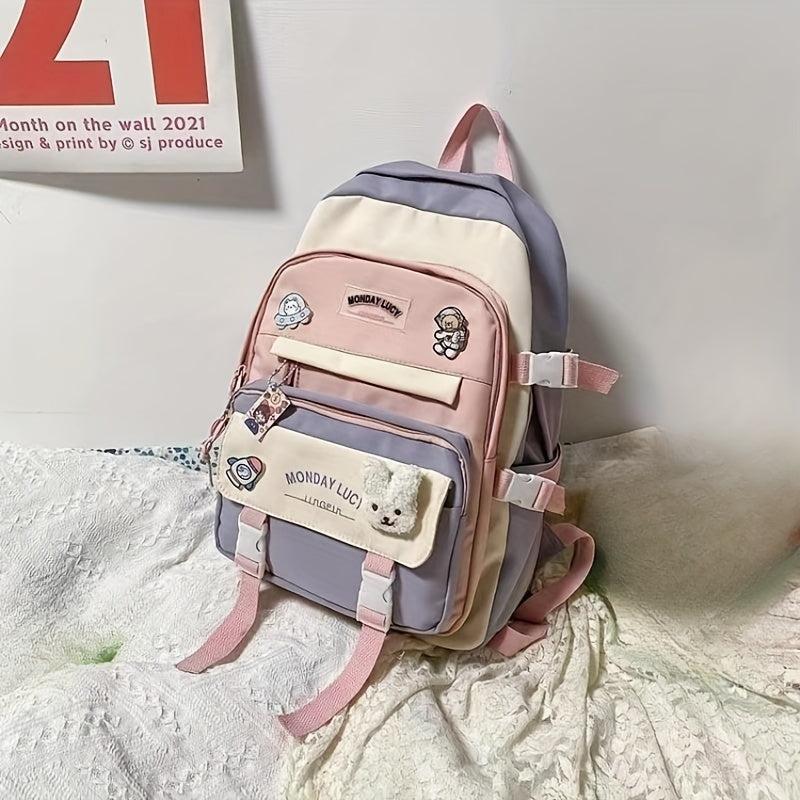Contrast Backpack With Cartoon Badge Large Capacity Casual Student Backpack