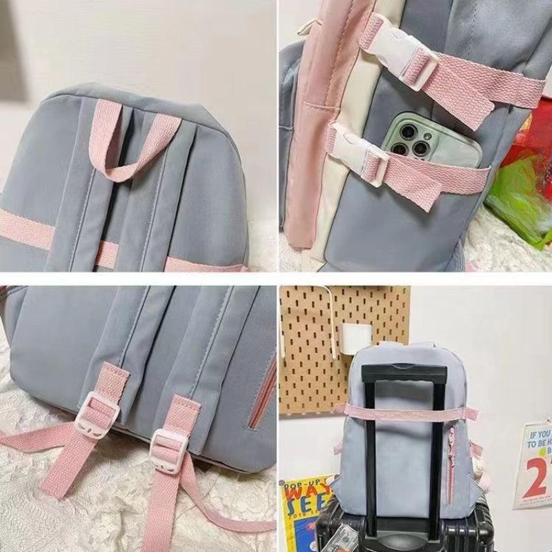 Contrast Backpack With Cartoon Badge Large Capacity Casual Student Backpack