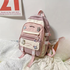 Contrast Backpack With Cartoon Badge Large Capacity Casual Student Backpack