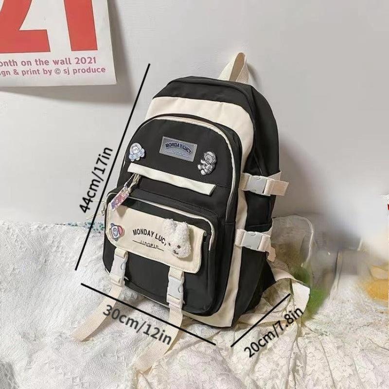 Contrast Backpack With Cartoon Badge Large Capacity Casual Student Backpack