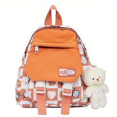 Geometric Plaid Pattern Backpack with Bear Pendant