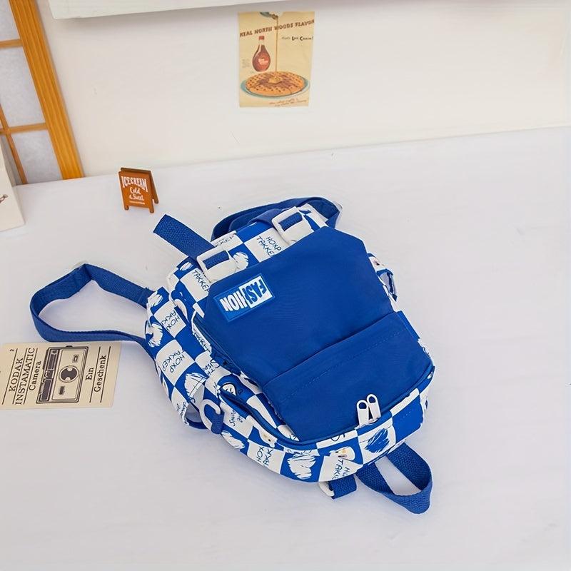 Geometric Plaid Pattern Backpack with Bear Pendant