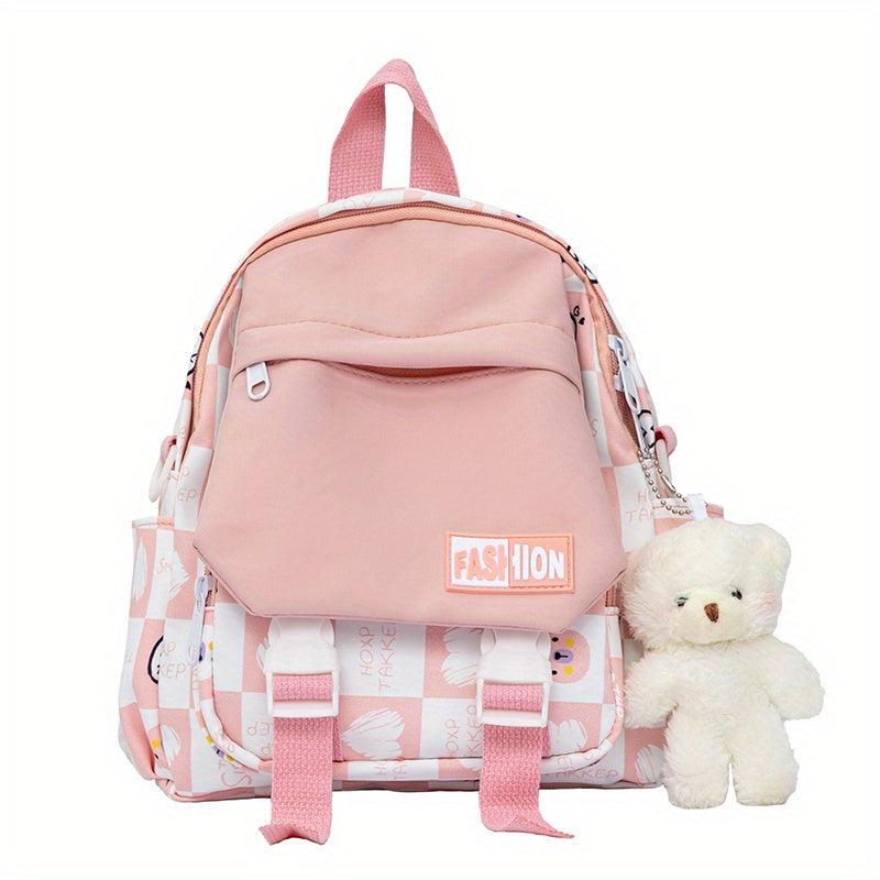 Geometric Plaid Pattern Backpack with Bear Pendant