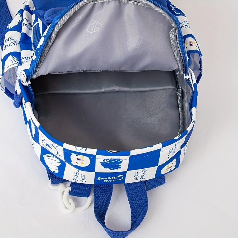 Geometric Plaid Pattern Backpack with Bear Pendant