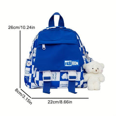 Geometric Plaid Pattern Backpack with Bear Pendant