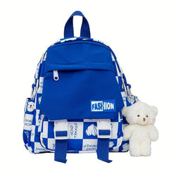 Geometric Plaid Pattern Backpack with Bear Pendant