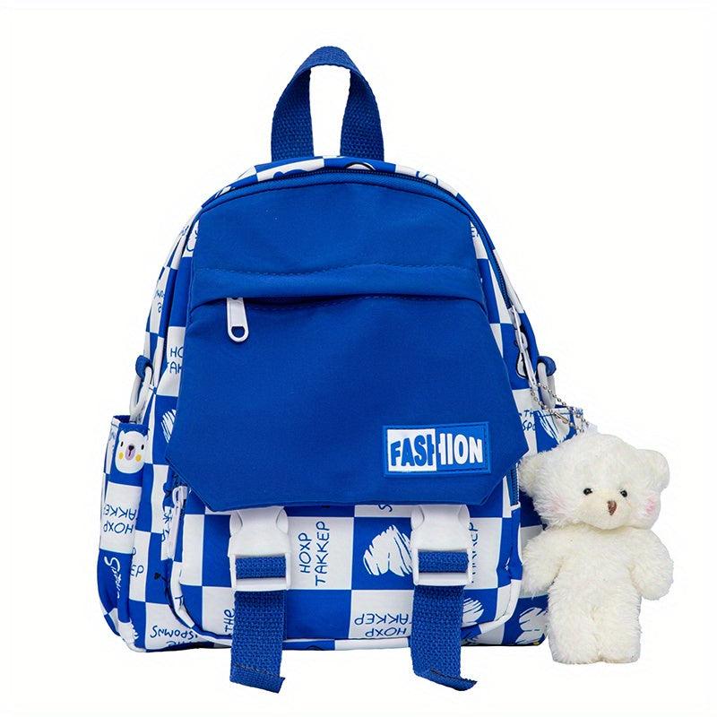 Geometric Plaid Pattern Backpack with Bear Pendant