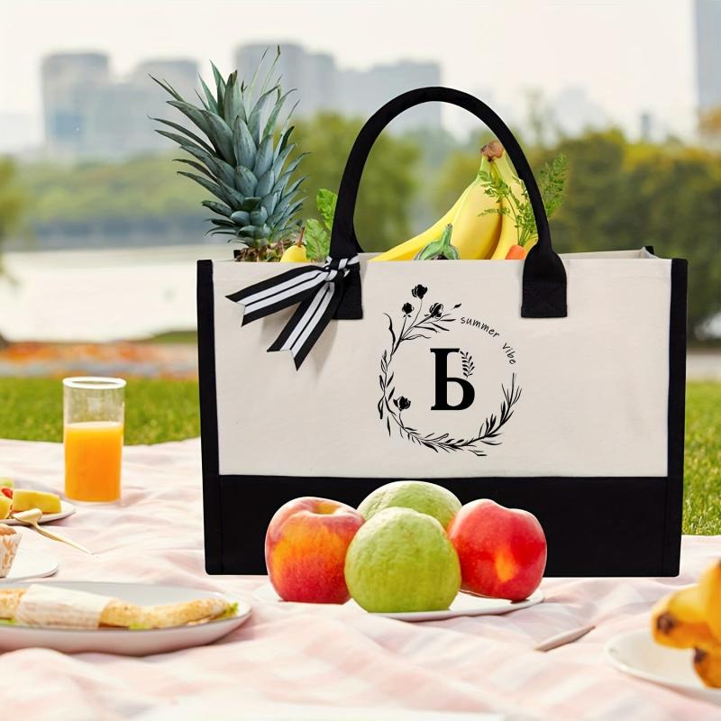 Monogrammed Canvas Tote Bag with Zipper Pocket - Letter J