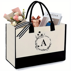 Monogrammed Canvas Tote Bag with Zipper Pocket - Letter J
