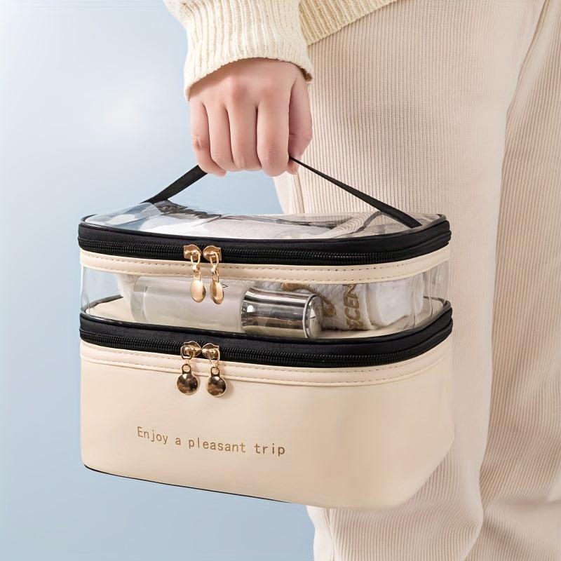 Double Layer Cosmetic Bag Solid PU Transparent Wash Handbag