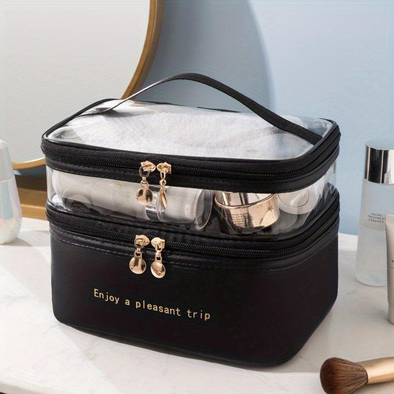 Double Layer Cosmetic Bag Solid PU Transparent Wash Handbag