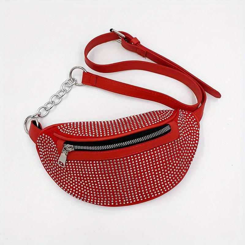 Glitter Waist Pack Chain Crossbody Bag Rhinestone Decor Zipper PU Leather
