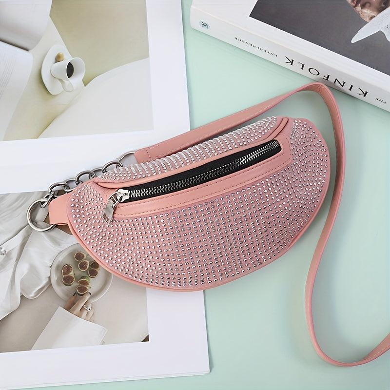 Glitter Waist Pack Chain Crossbody Bag Rhinestone Decor Zipper PU Leather
